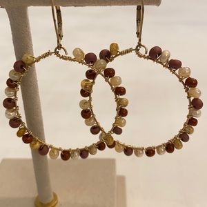 Brown Tan Beaded Front Facing Hoop Statement Quiet Luxury Cottagecore Earrings